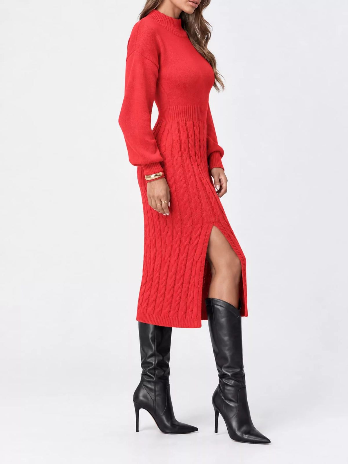 full size mock neck cable knit sweater dress with | dropsona - neutral - close-up detail