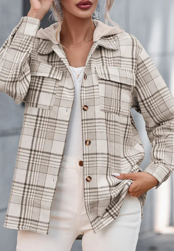 plaid removable hood button up shacket – basic style | dropsona - neutral - size reference