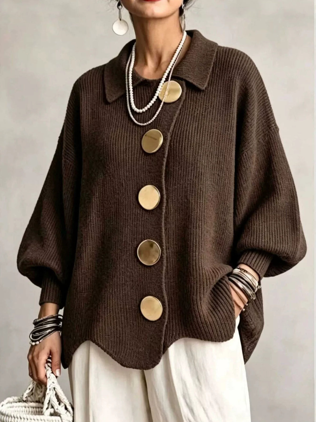 full size ribbed knit gold buttons cardigan plus | dropsona - neutral - material texture