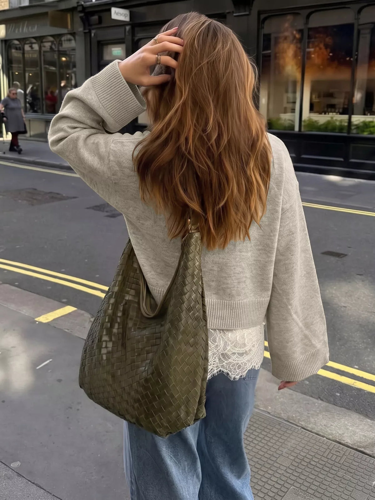 layered lace hem crew neck sweater – detail | dropsona - neutral - size reference