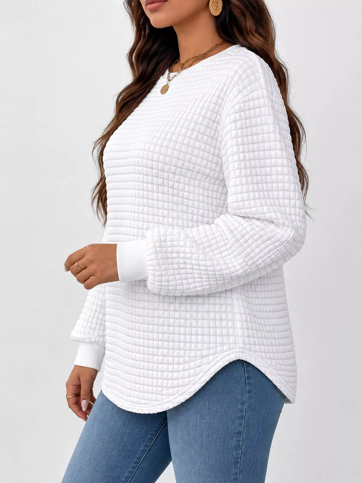 plus size textured waffle knit crew neck sweatshirt | dropsona - neutral - material texture