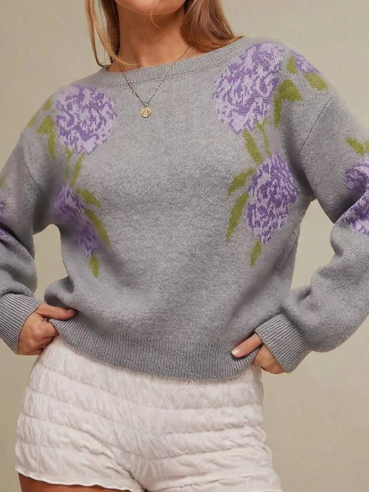 floral pattern dropped shoulder sweater – basic style | dropsona - neutral - usage example
