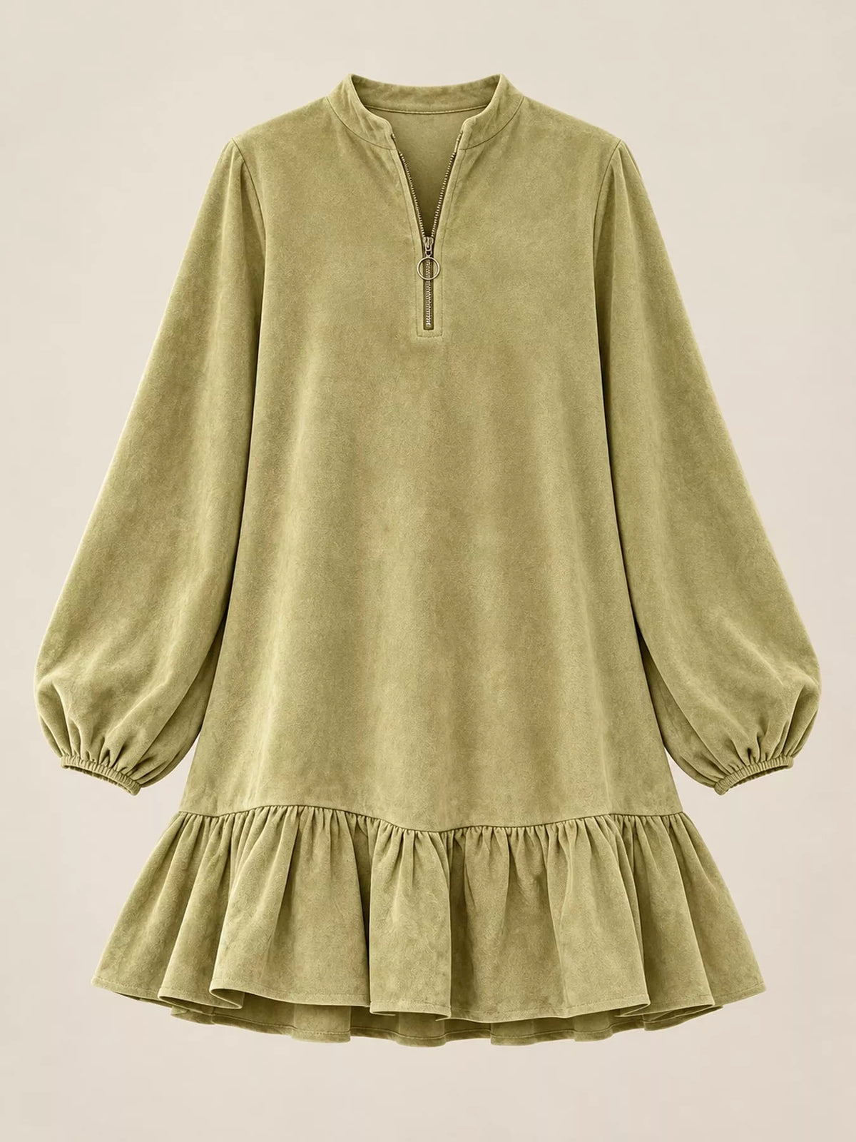 quarter-zip ruffle hem mini dress | dropsona - neutral - material texture