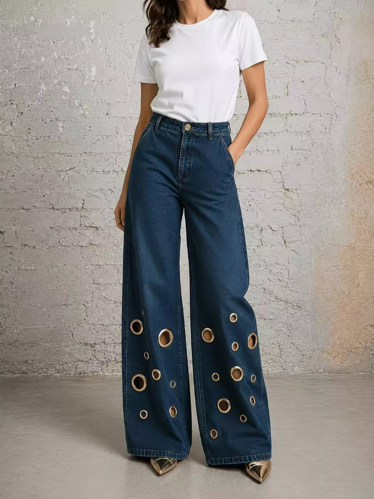 wide leg jeans with eyelet details - everyday wear