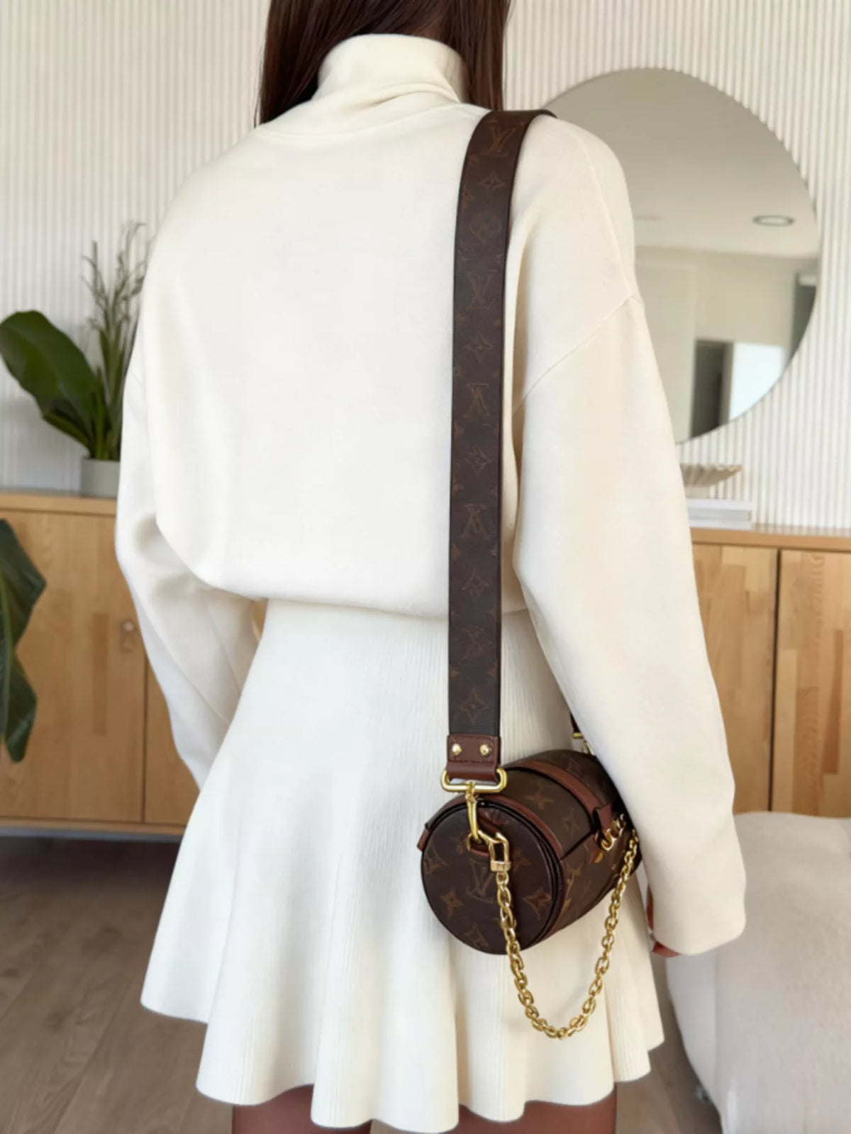 mock neck knit top and flared skirt set | dropsona - neutral - material texture