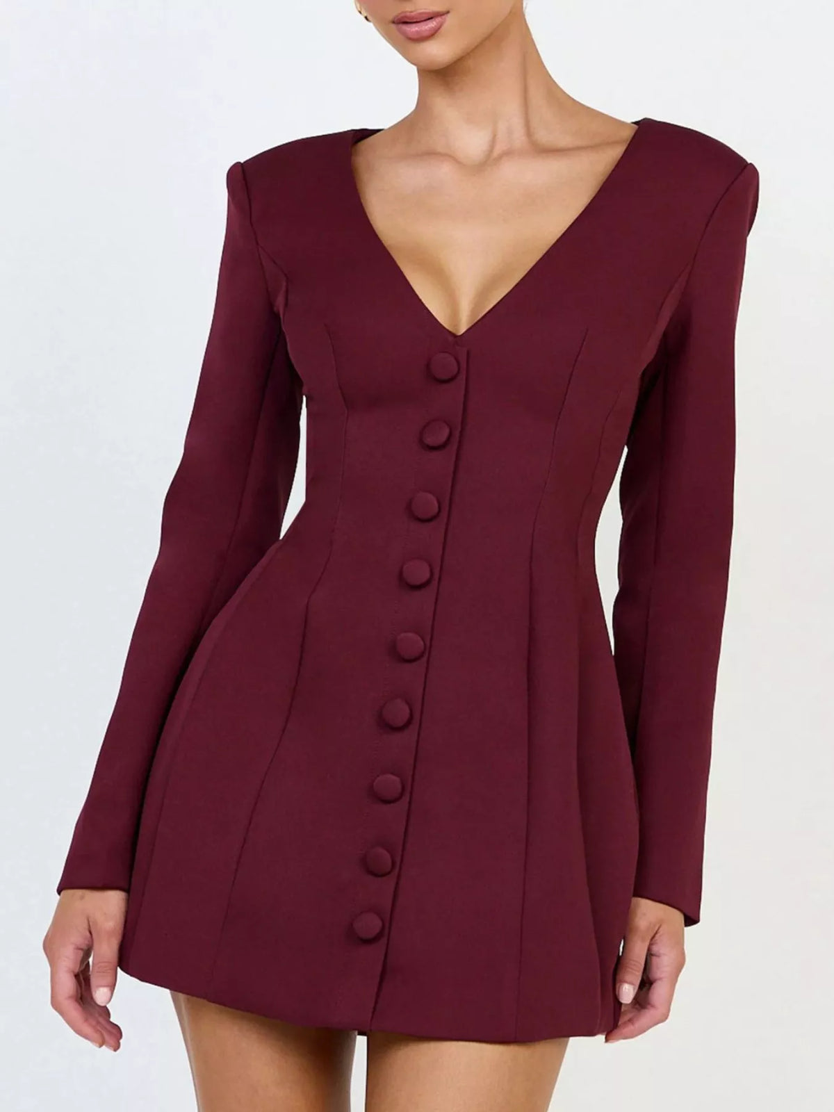 deep v-neck button-down blazer dress – buttoned,zipper | dropsona - neutral - close-up detail