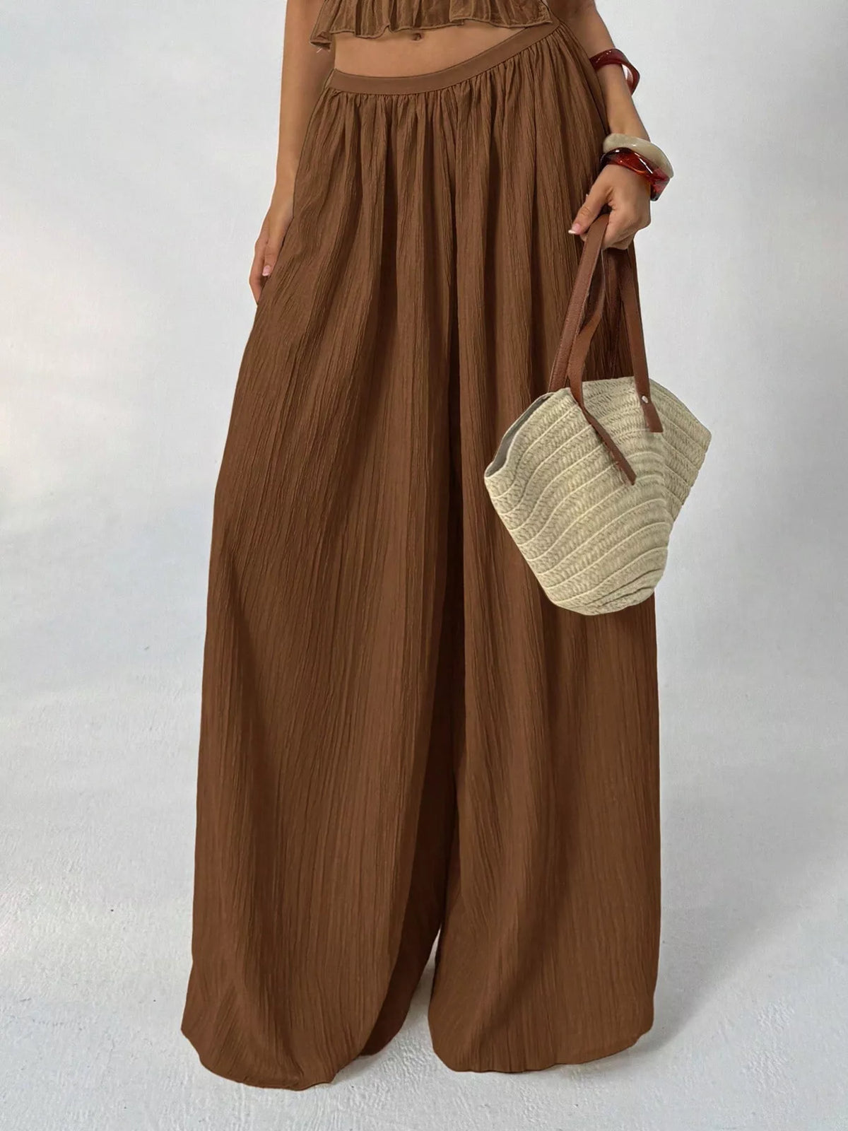 high-waisted wide-leg pleated casual pants | dropsona - neutral - close-up detail