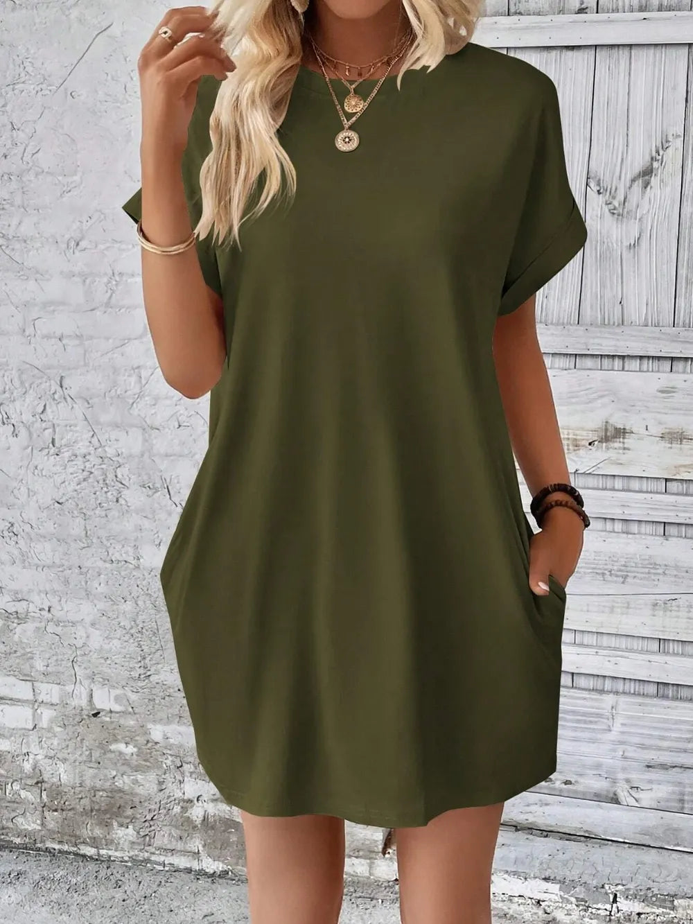 round neck short sleeve mini dress – basic style | dropsona - neutral - material texture