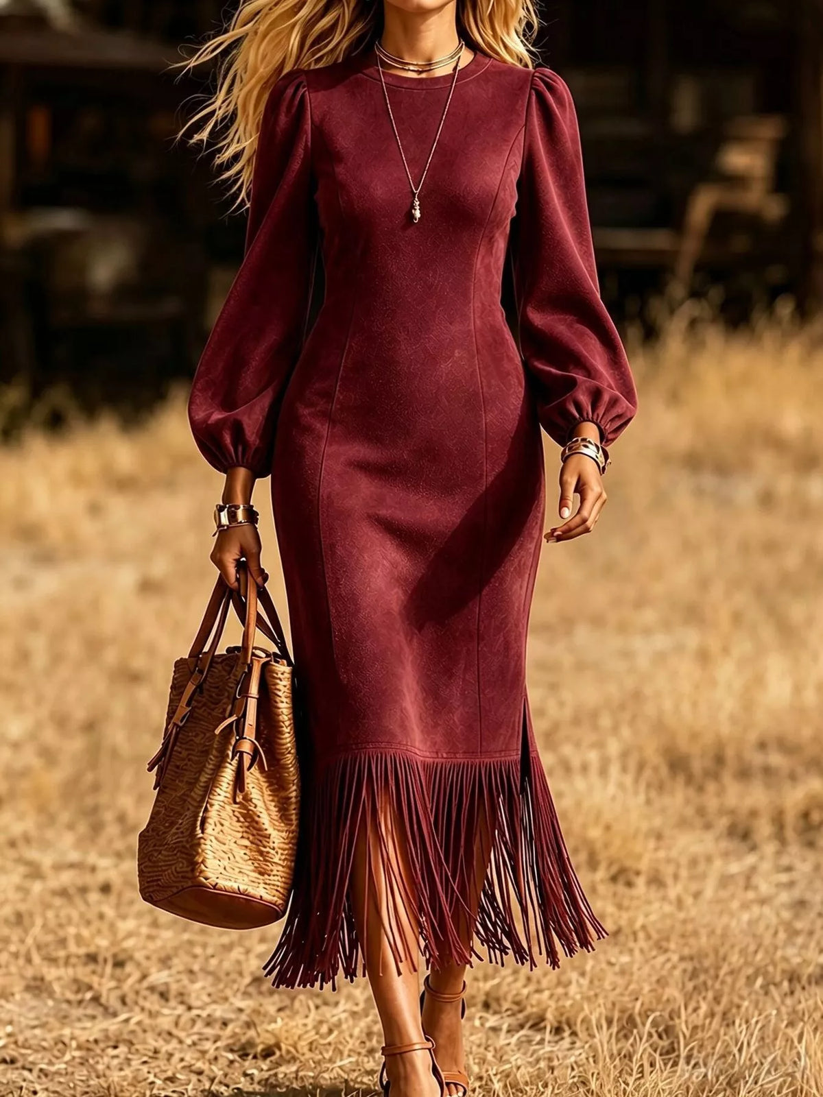 fringe round neck balloon sleeve dress – | dropsona - neutral - size reference