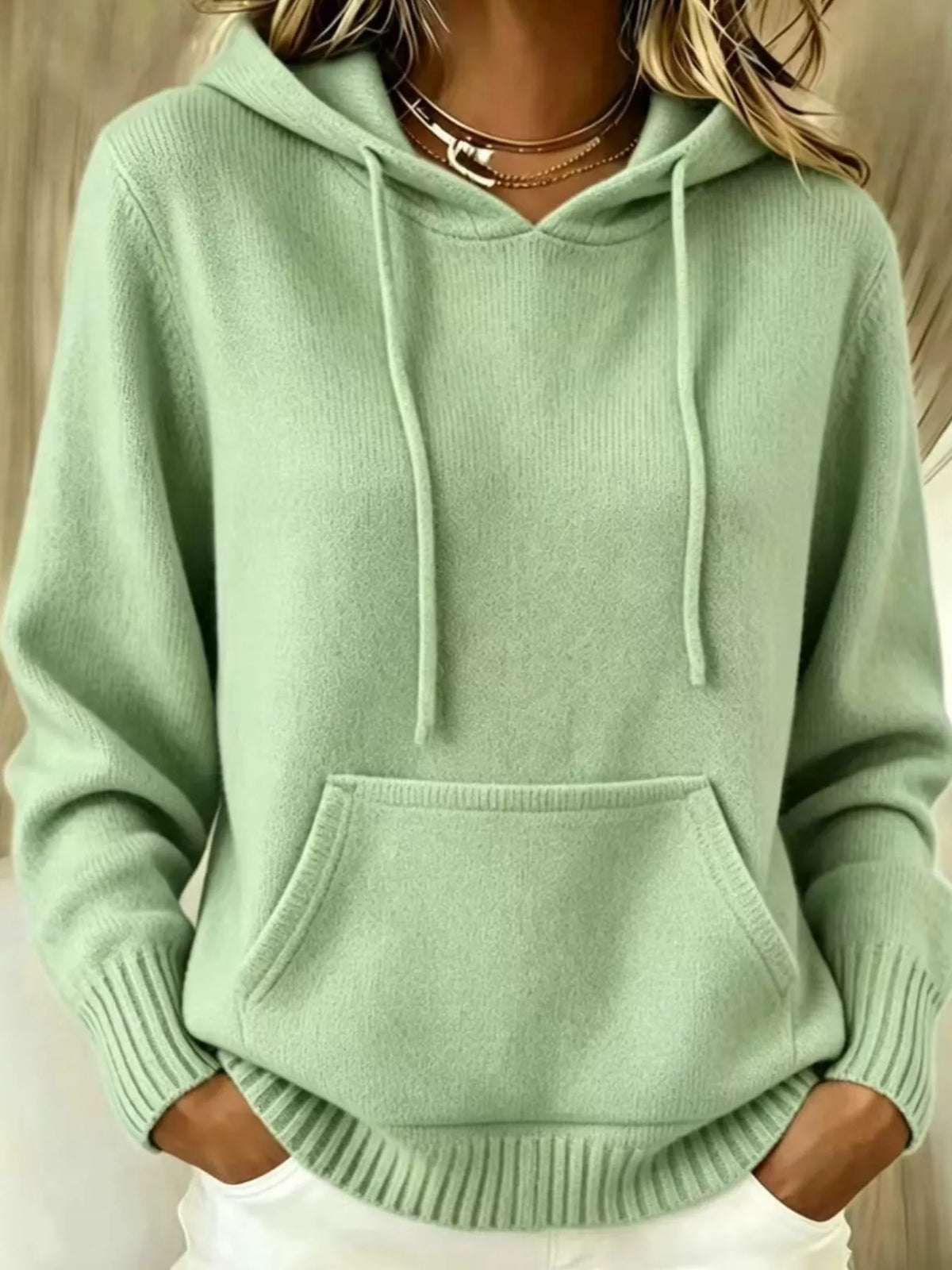 full size drawstring kangaroo pocket hooded sweater | dropsona - neutral - material texture