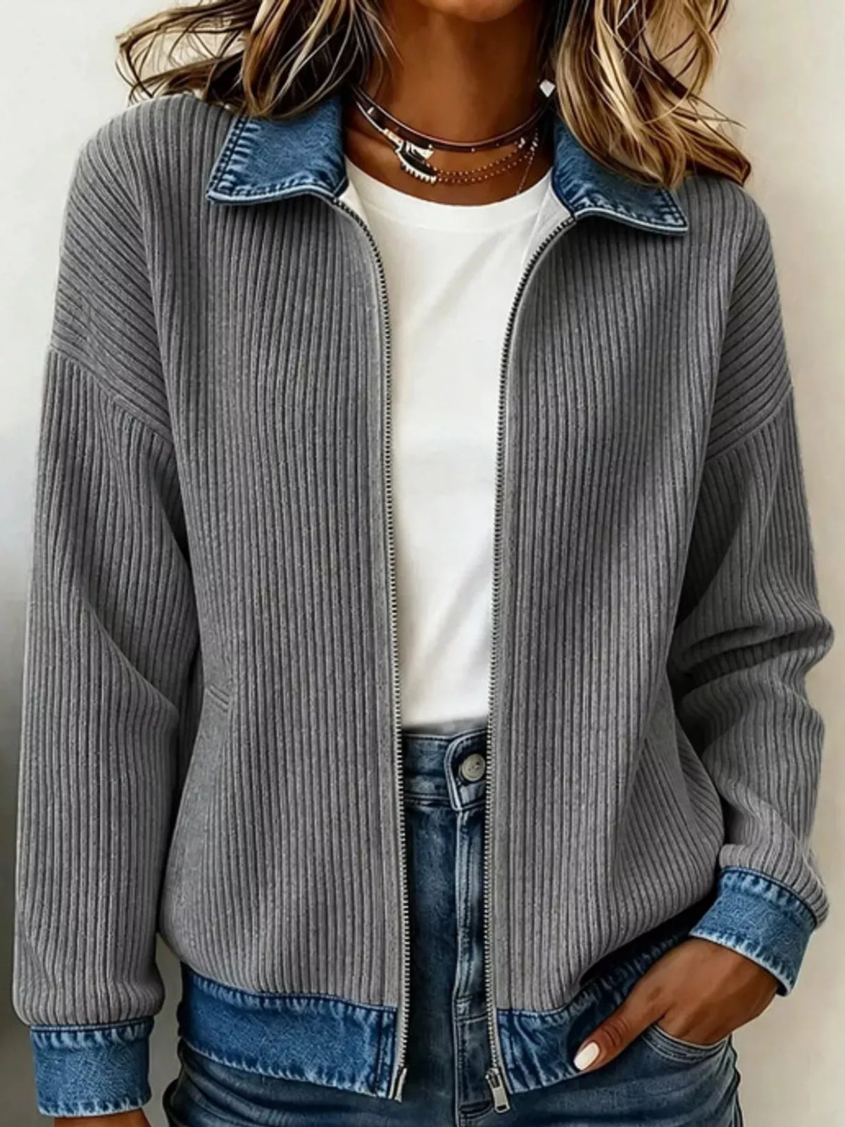 full size denim-collar ribbed knit zip-up jacket plus | dropsona - neutral - size reference