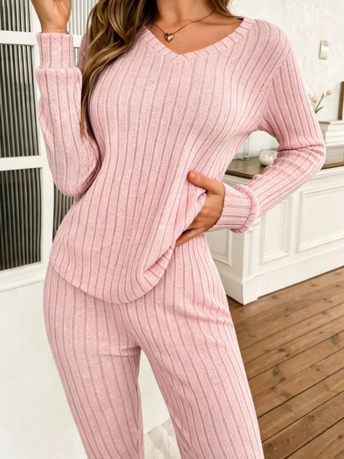 ribbed knit long sleeve top and pants loungewear set | dropsona - neutral - usage example