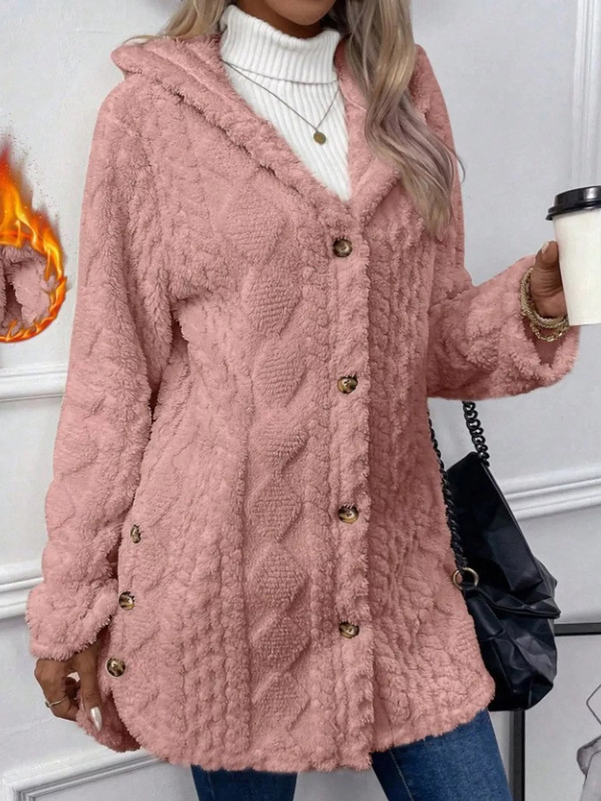 full size cozy cable-knit faux fur hooded outerwear | dropsona - neutral - front view