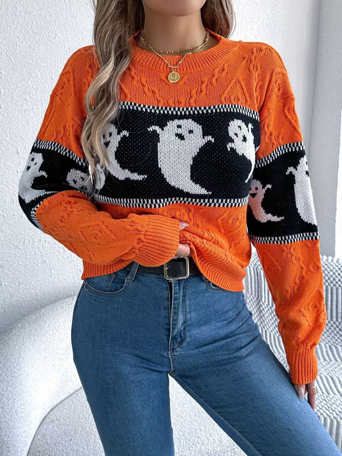 halloween ghost pattern textured sweater – cable-knit | dropsona - neutral - material texture