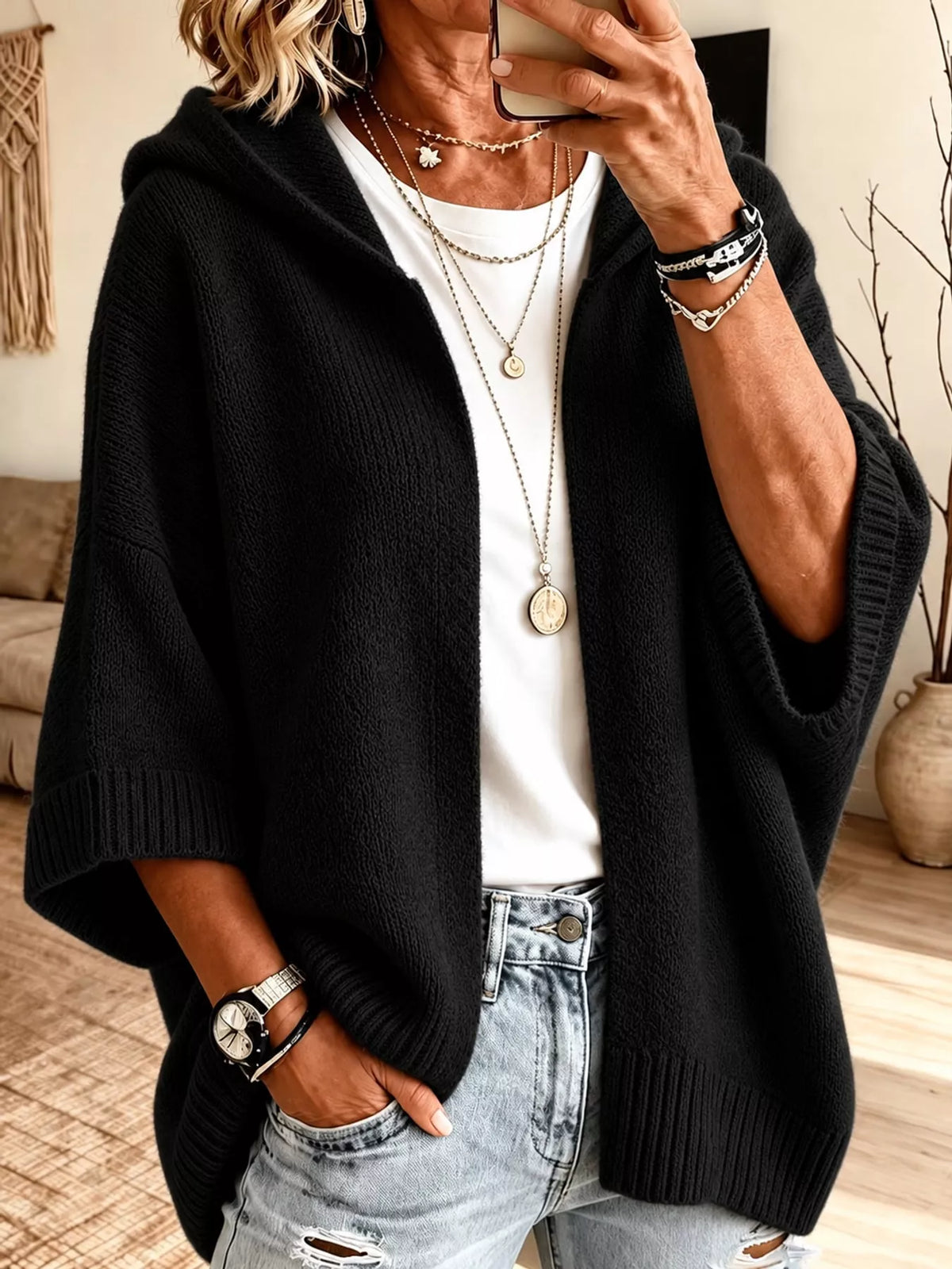full size hooded open-front knit cardigan plus | dropsona - neutral - material texture