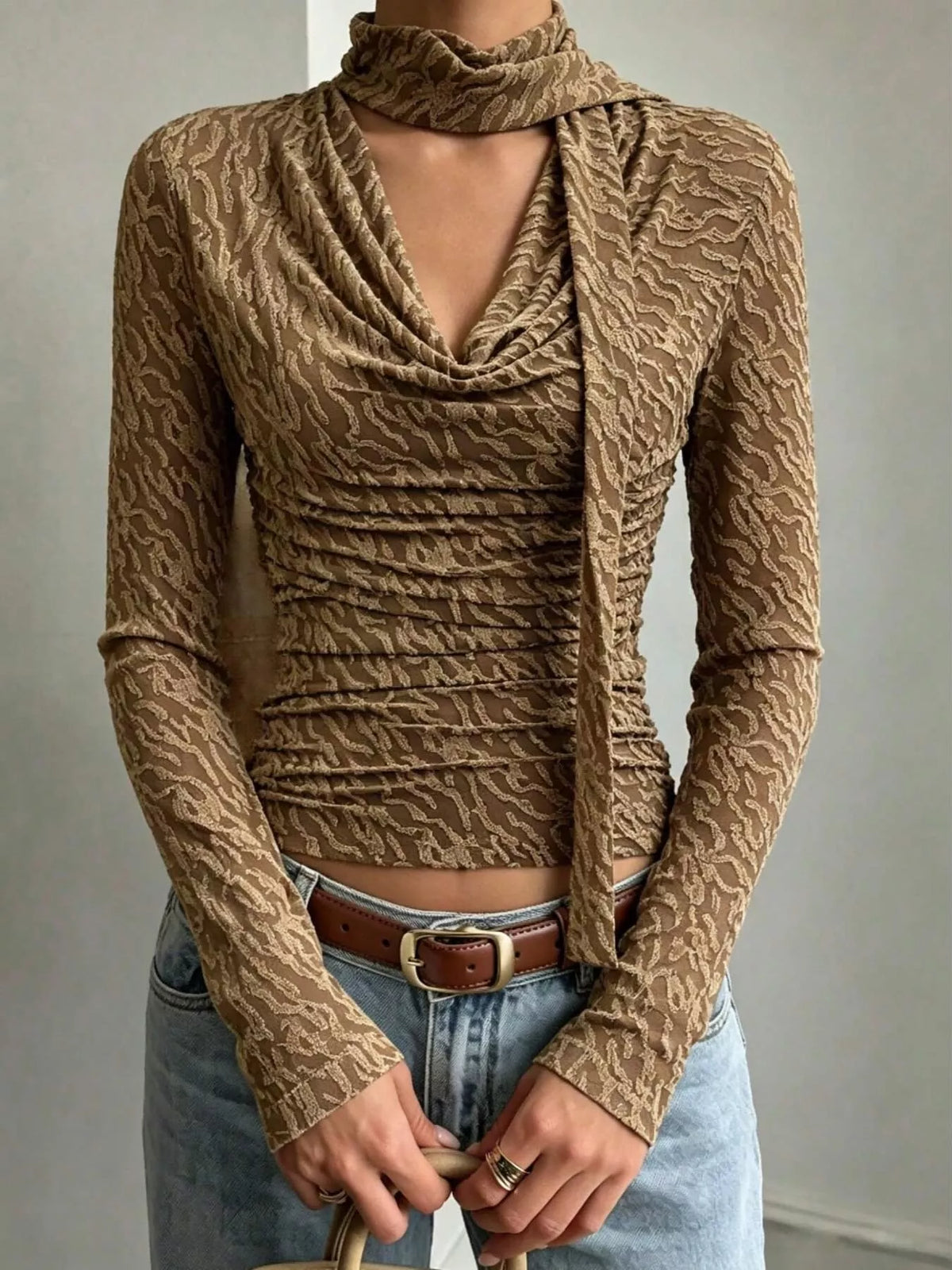 textured cowl neck long sleeve blouse with scarf | dropsona - neutral - close-up detail
