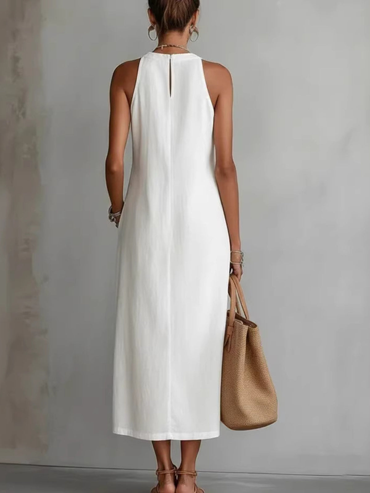 side slit sleeveless hollow-out trimmed midi dress | dropsona - neutral - front view
