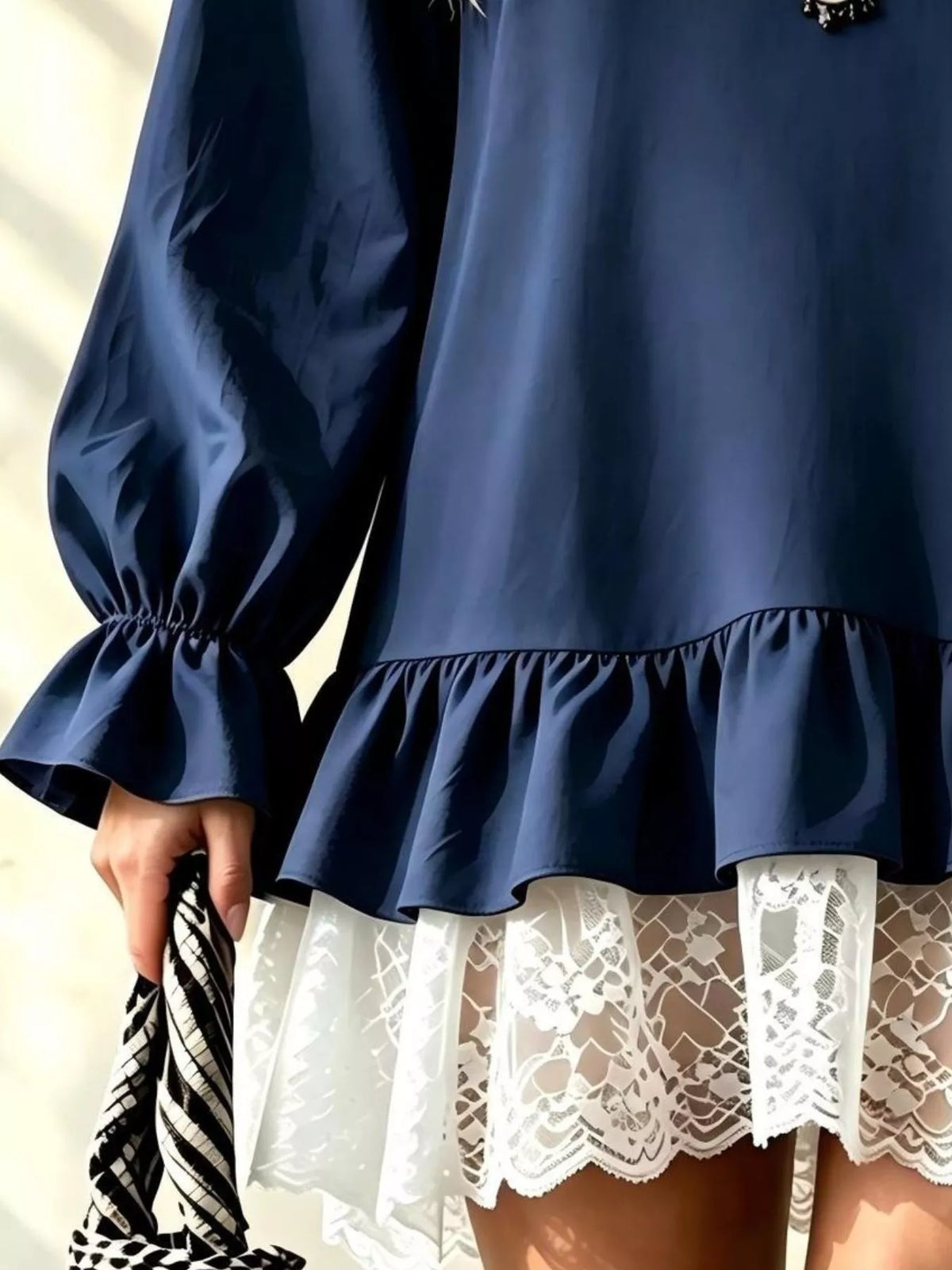 v-neck long sleeve ruffle hem lace trim mini dress | dropsona - neutral - size reference