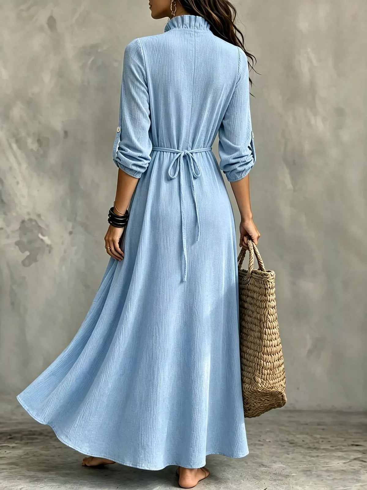 full size frill v-neck long sleeve maxi dress plus | dropsona - neutral - usage example