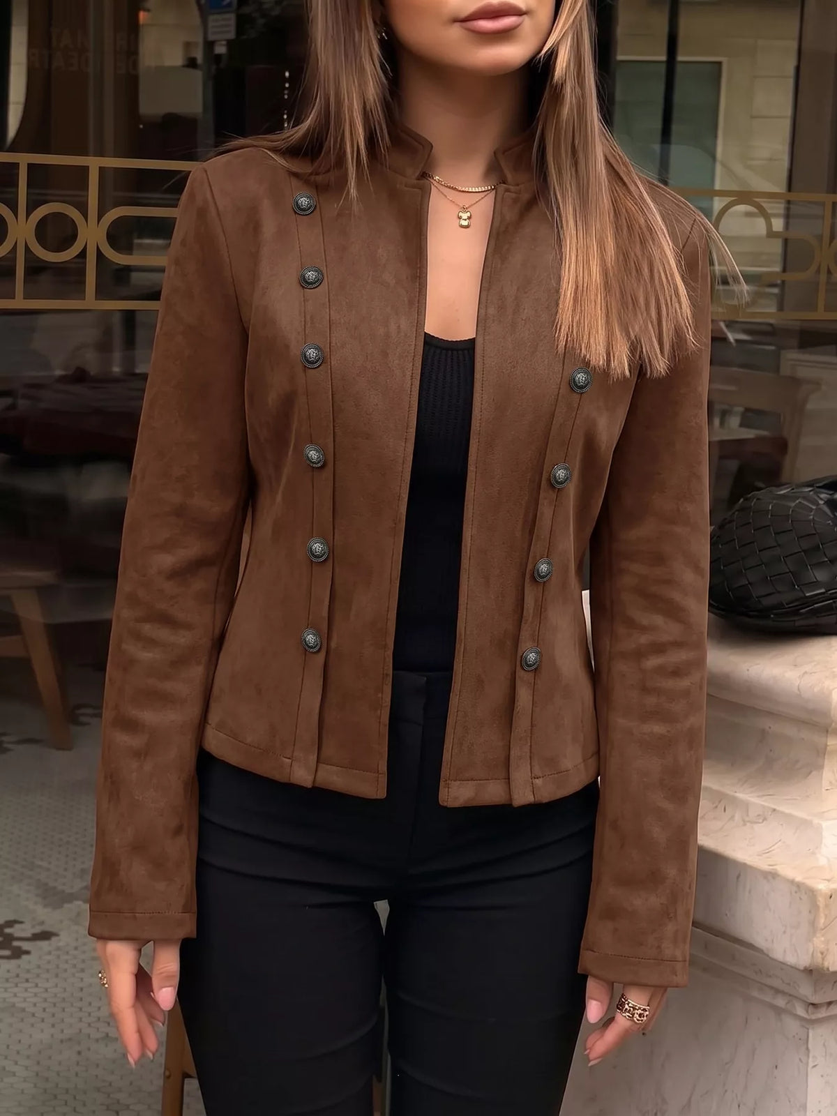 vintage stand collar cropped jacket | dropsona - neutral - front view