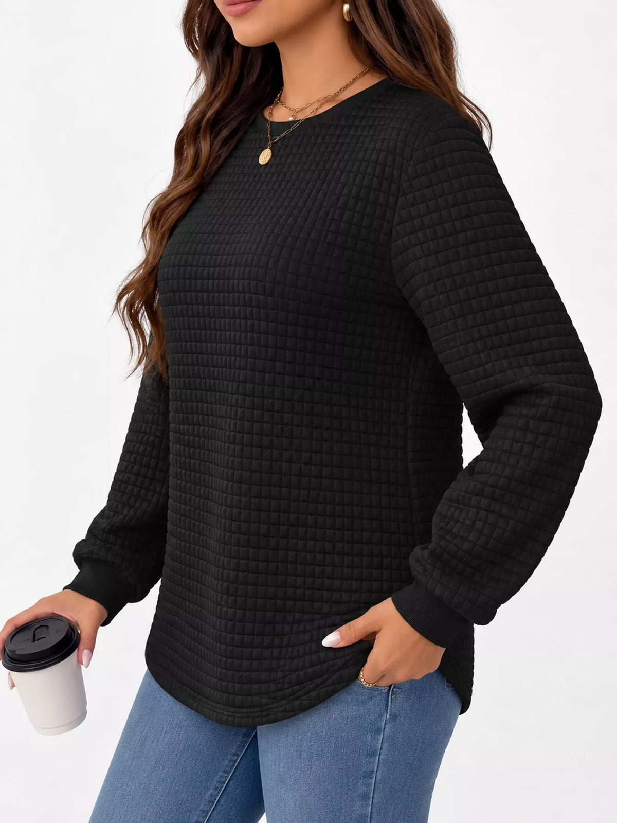 plus size textured waffle knit crew neck sweatshirt | dropsona - neutral - size reference