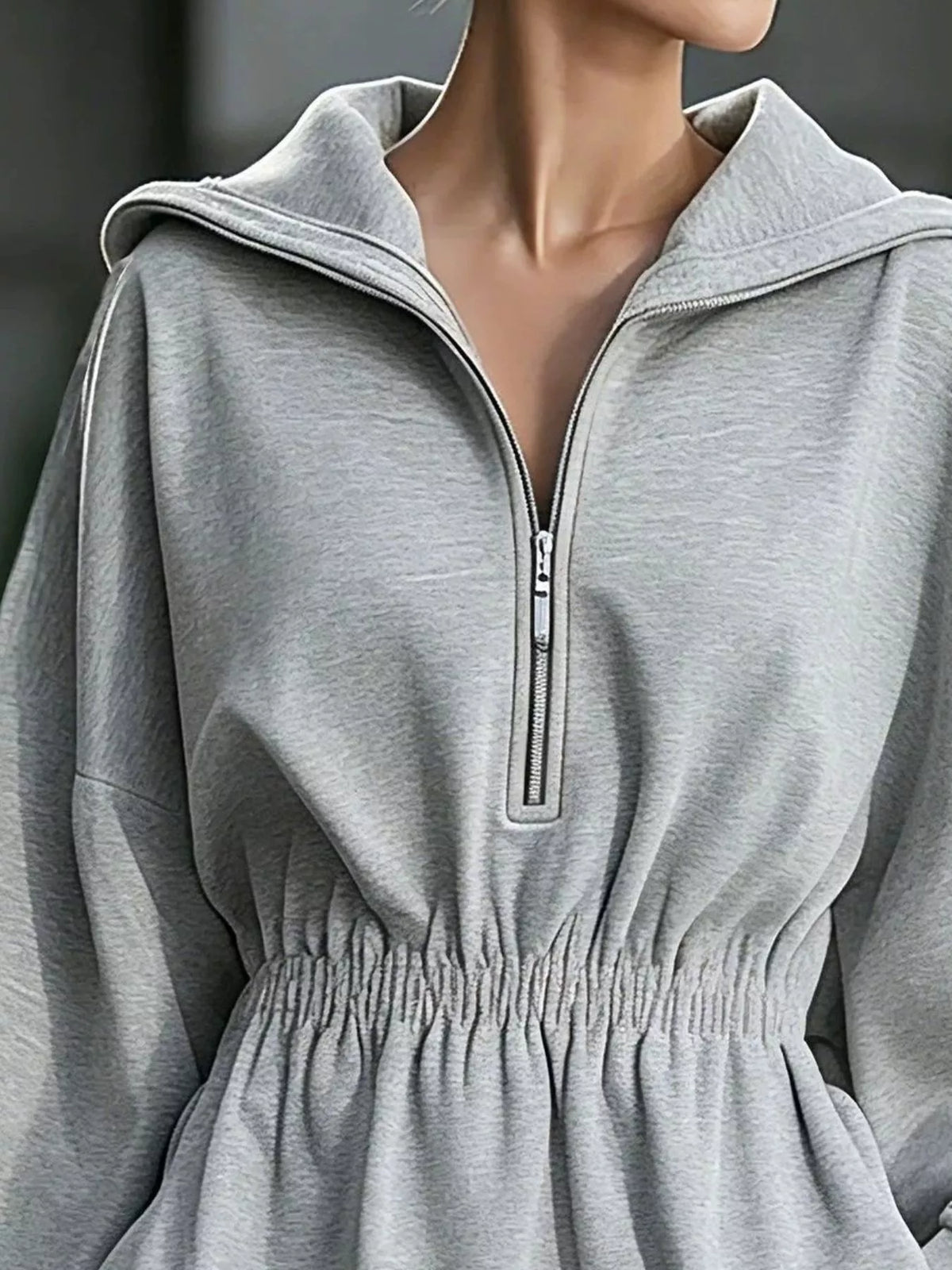 casual hooded quarter-zip sweatshirt dress | dropsona - neutral - size reference