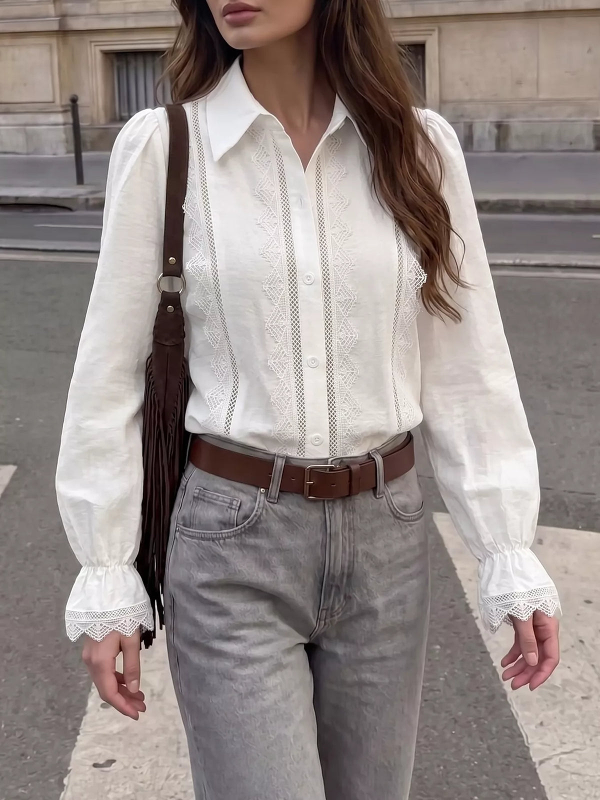 lace-trimmed button-down shirt – buttoned,lace detail | dropsona - neutral - material texture