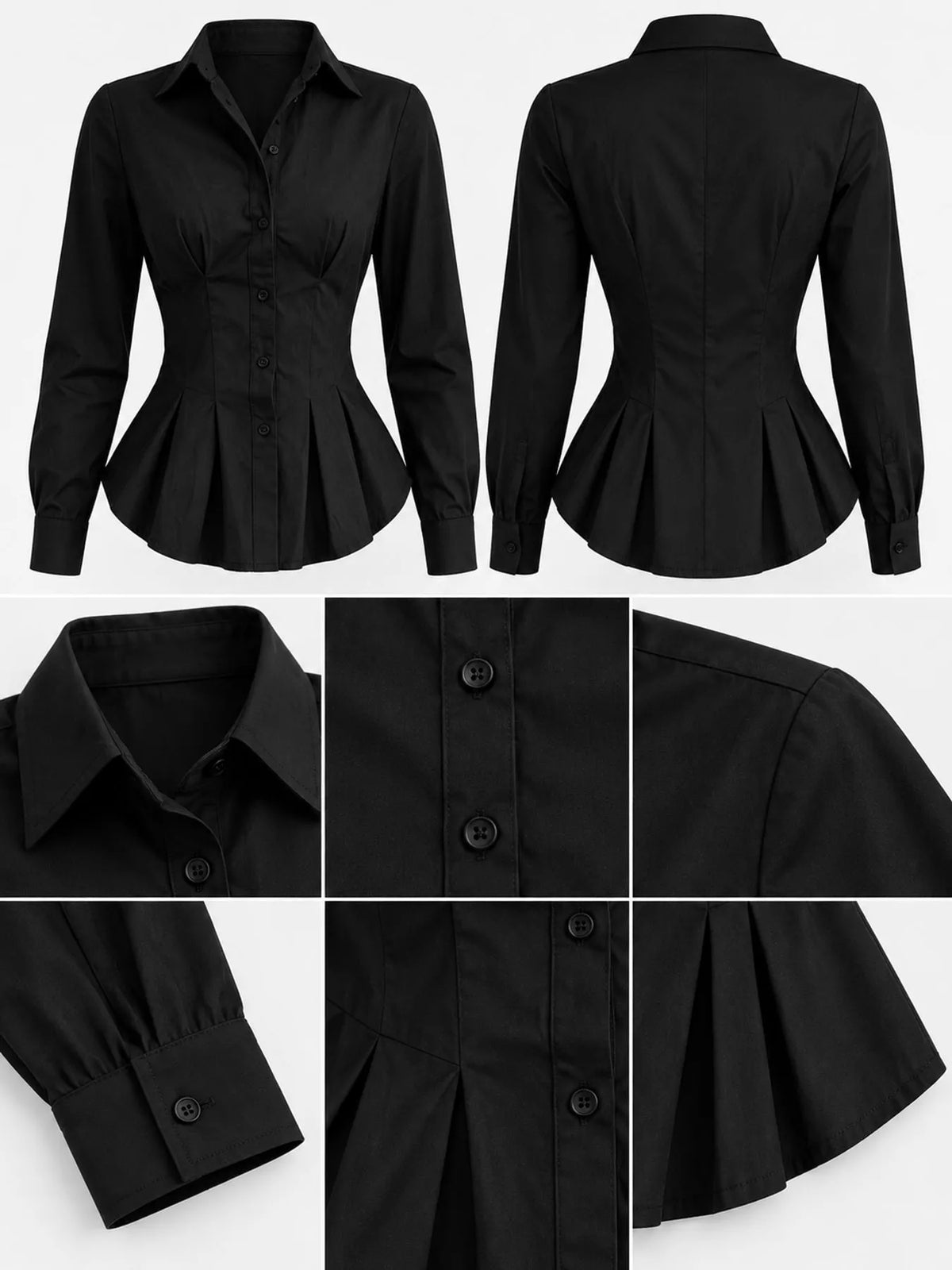 button-down peplum blouse with fitted waist | dropsona - neutral - front view