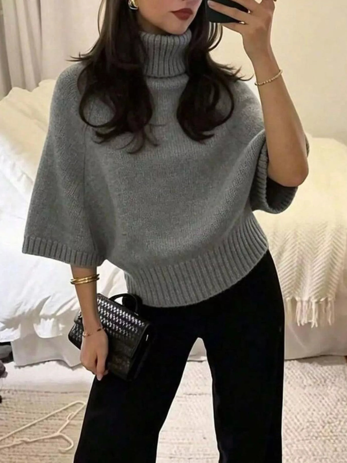 turtleneck batwing sleeve sweater – basic style | dropsona - neutral - size reference