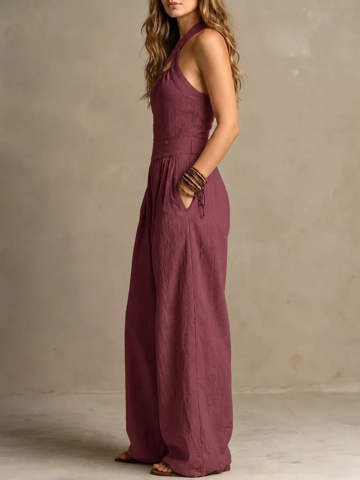 full size halter neck wide-leg jumpsuit plus | dropsona - neutral - close-up detail