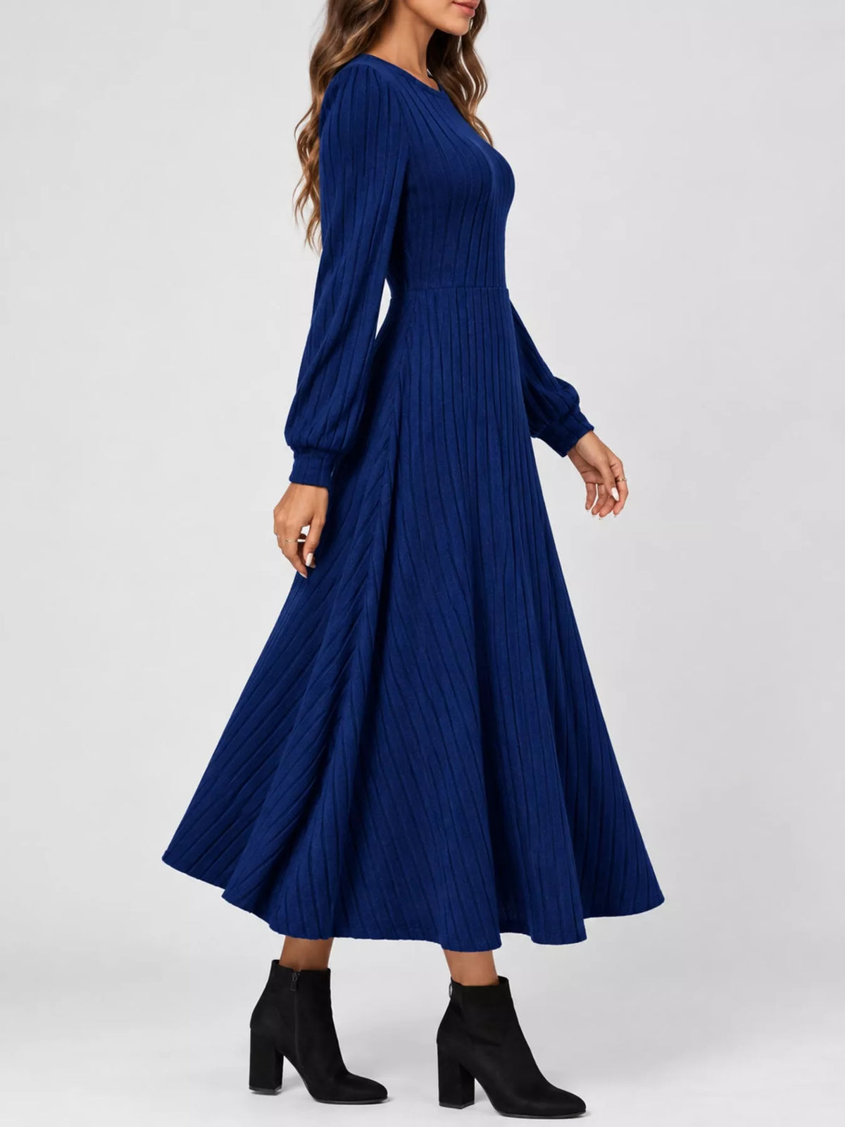 ribbed knit long sleeve a-line midi dress – | dropsona - neutral - front view