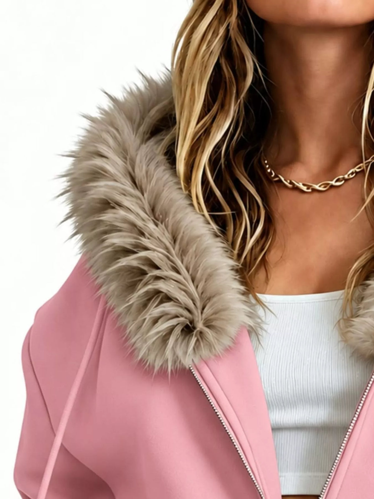 full size faux fur hood zip-up hoodie plus | dropsona - neutral - usage example