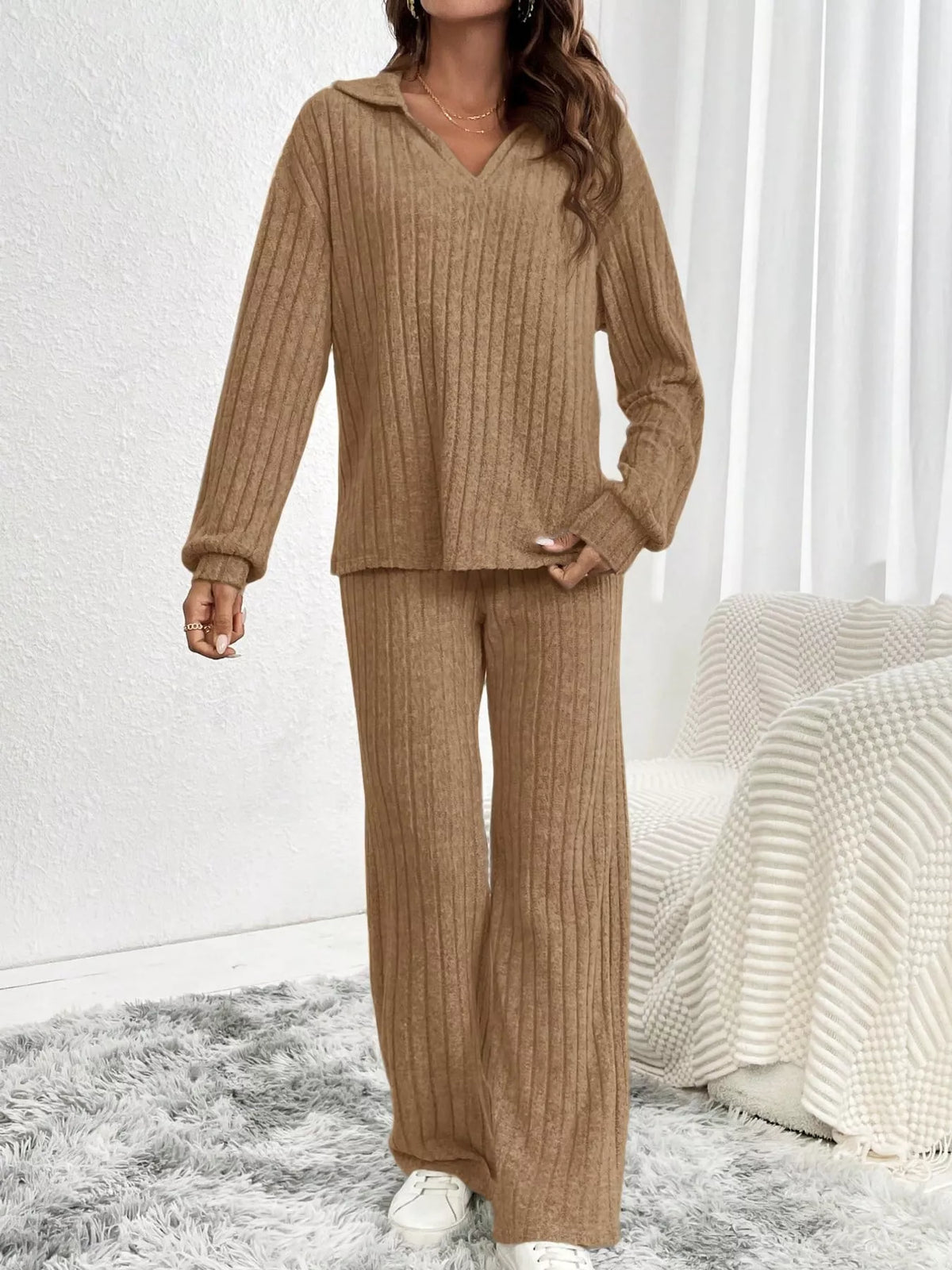 ribbed knit collared top and wide leg pants set | dropsona - neutral - size reference