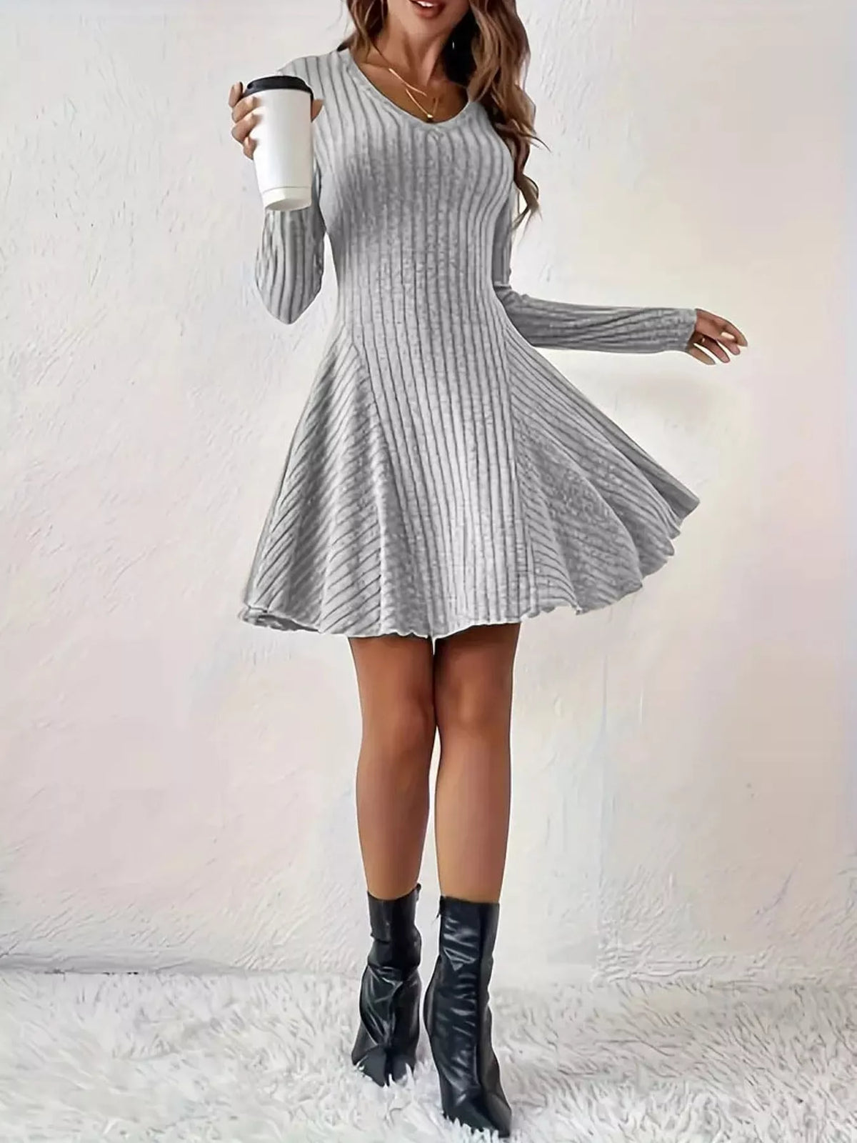v-neck ribbed knit a-line dress – | dropsona - neutral - size reference