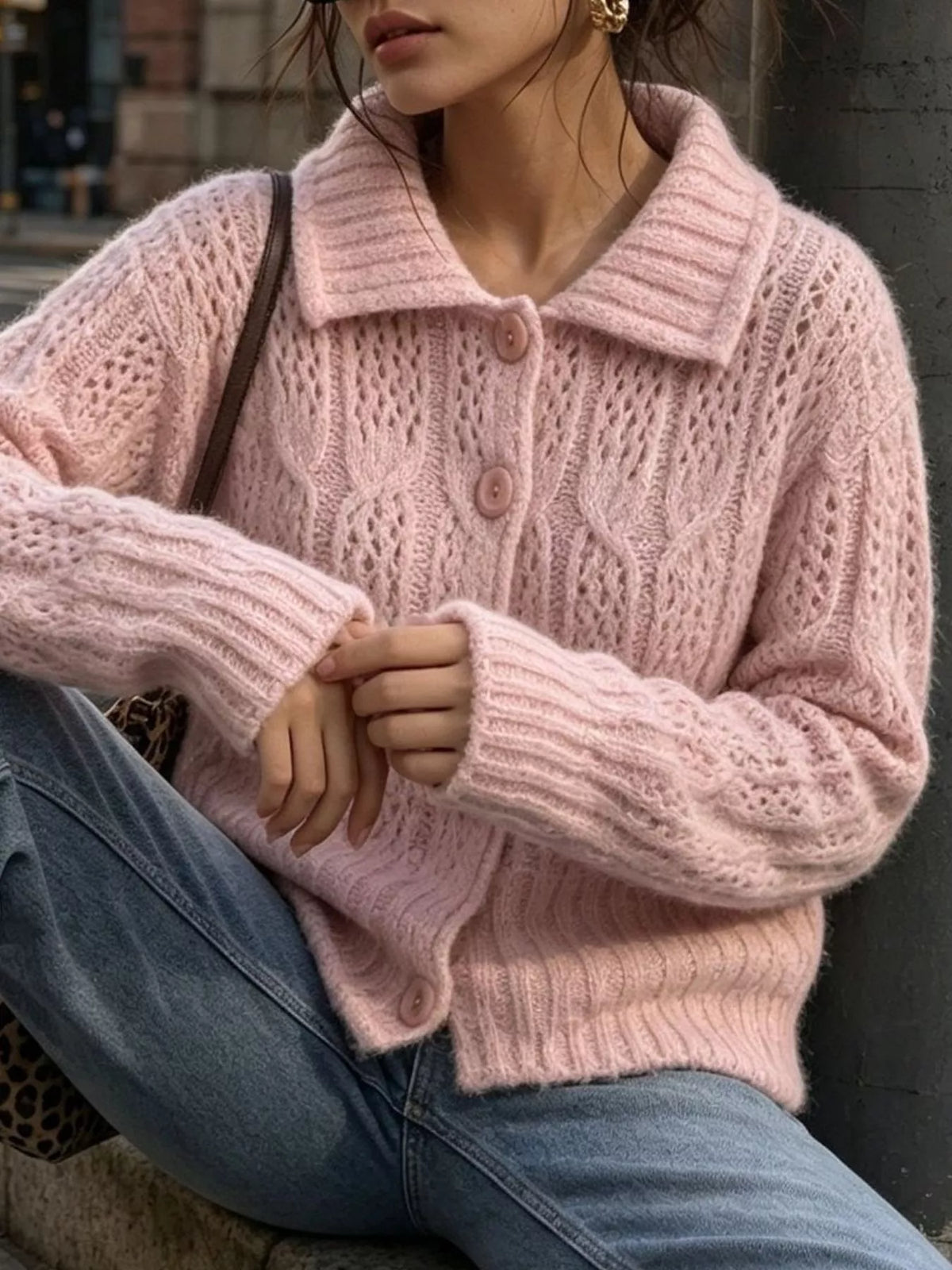 cable-knit button up cardigan – cable-knit,buttoned | dropsona - neutral - front view