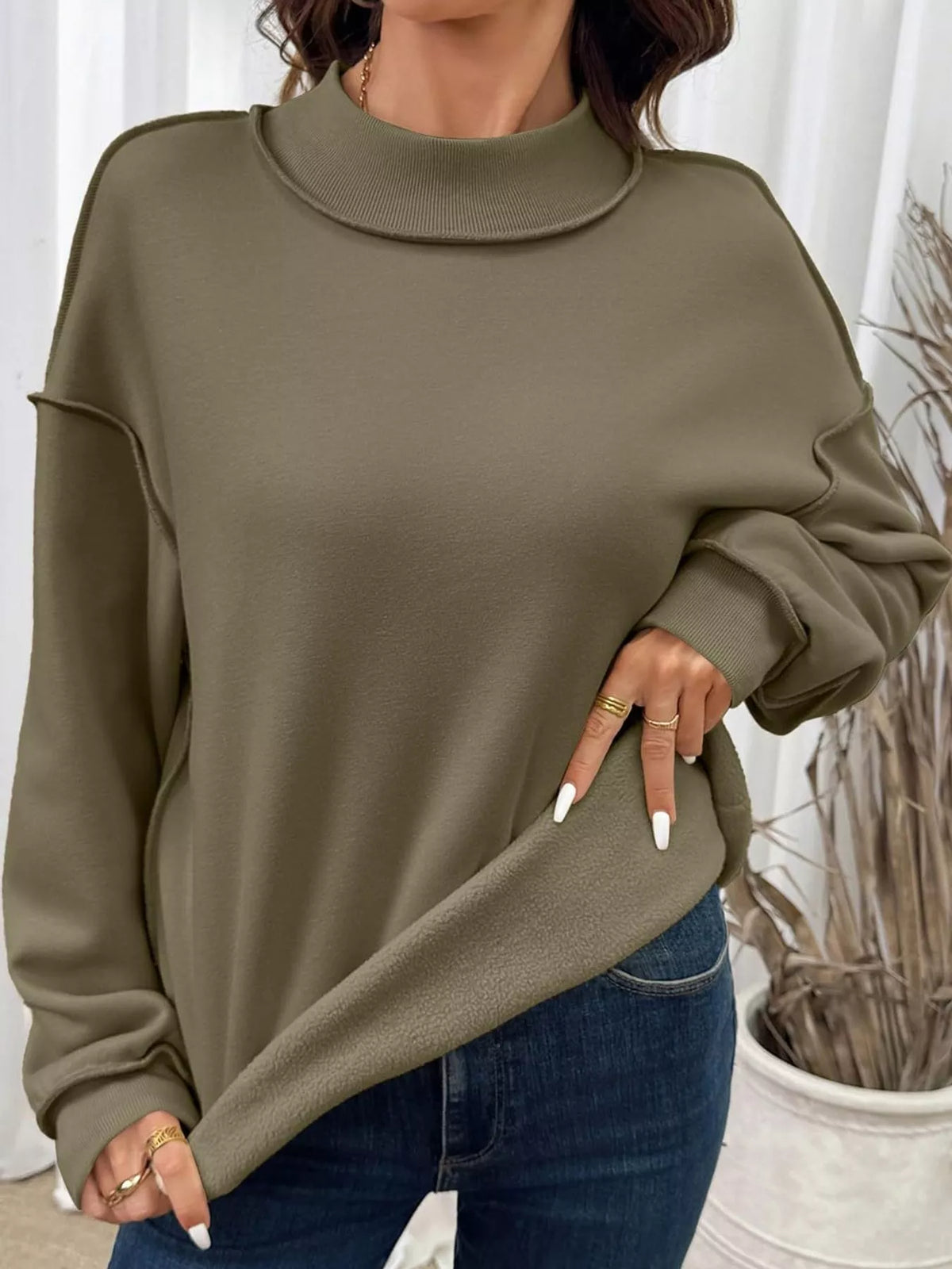 mock neck long sleeve sweatshirt | dropsona polyester 70% - neutral - front view