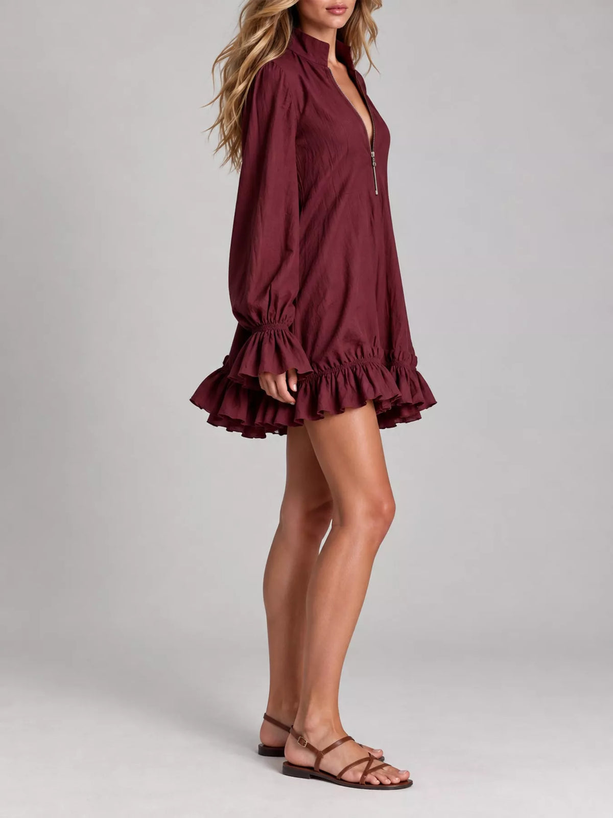 zipper-front ruffle hem mini dress – zipper, ruffled | dropsona - neutral - packaging