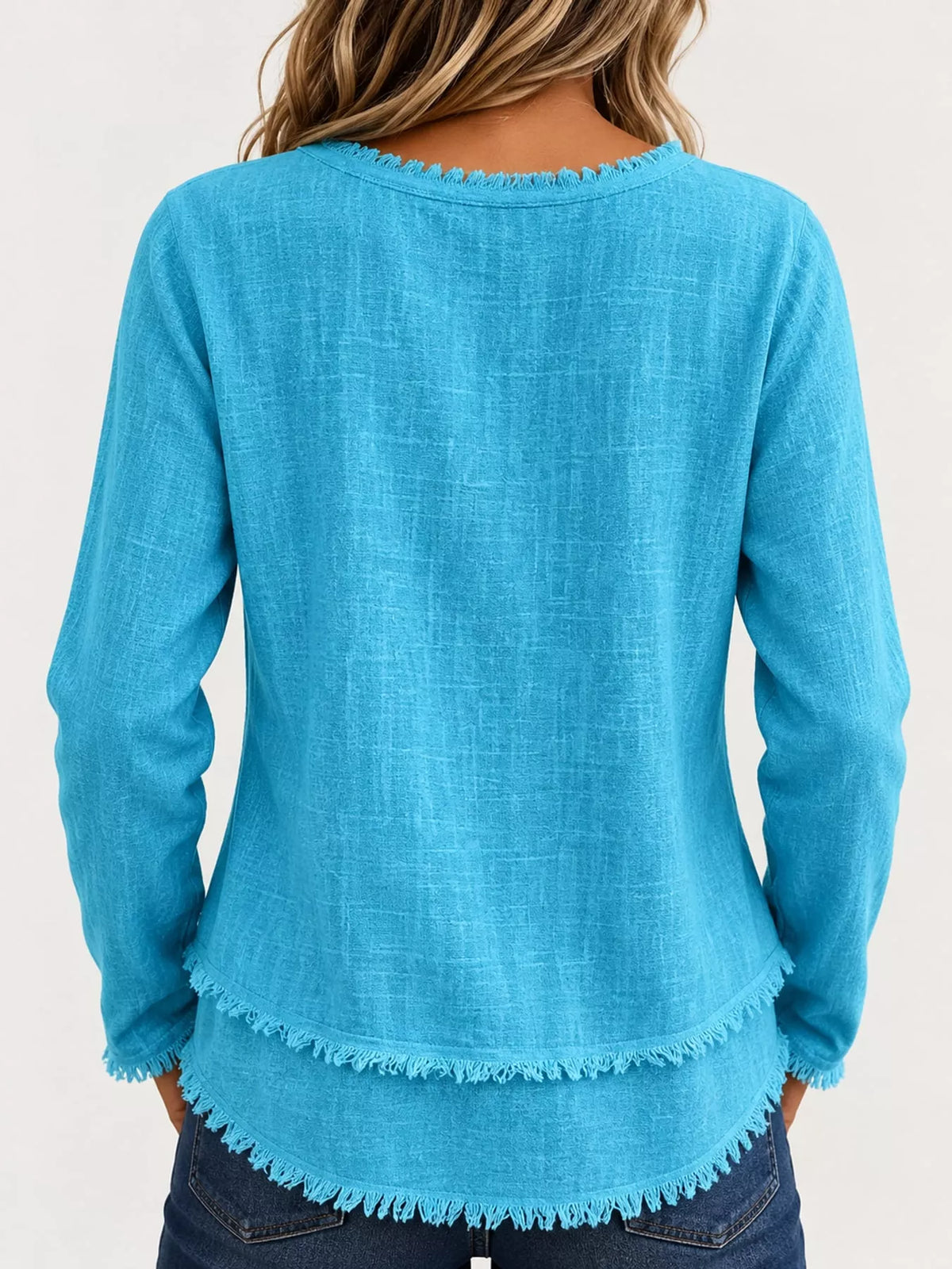 full size frayed hem v-neck blouse plus | dropsona - neutral - close-up detail