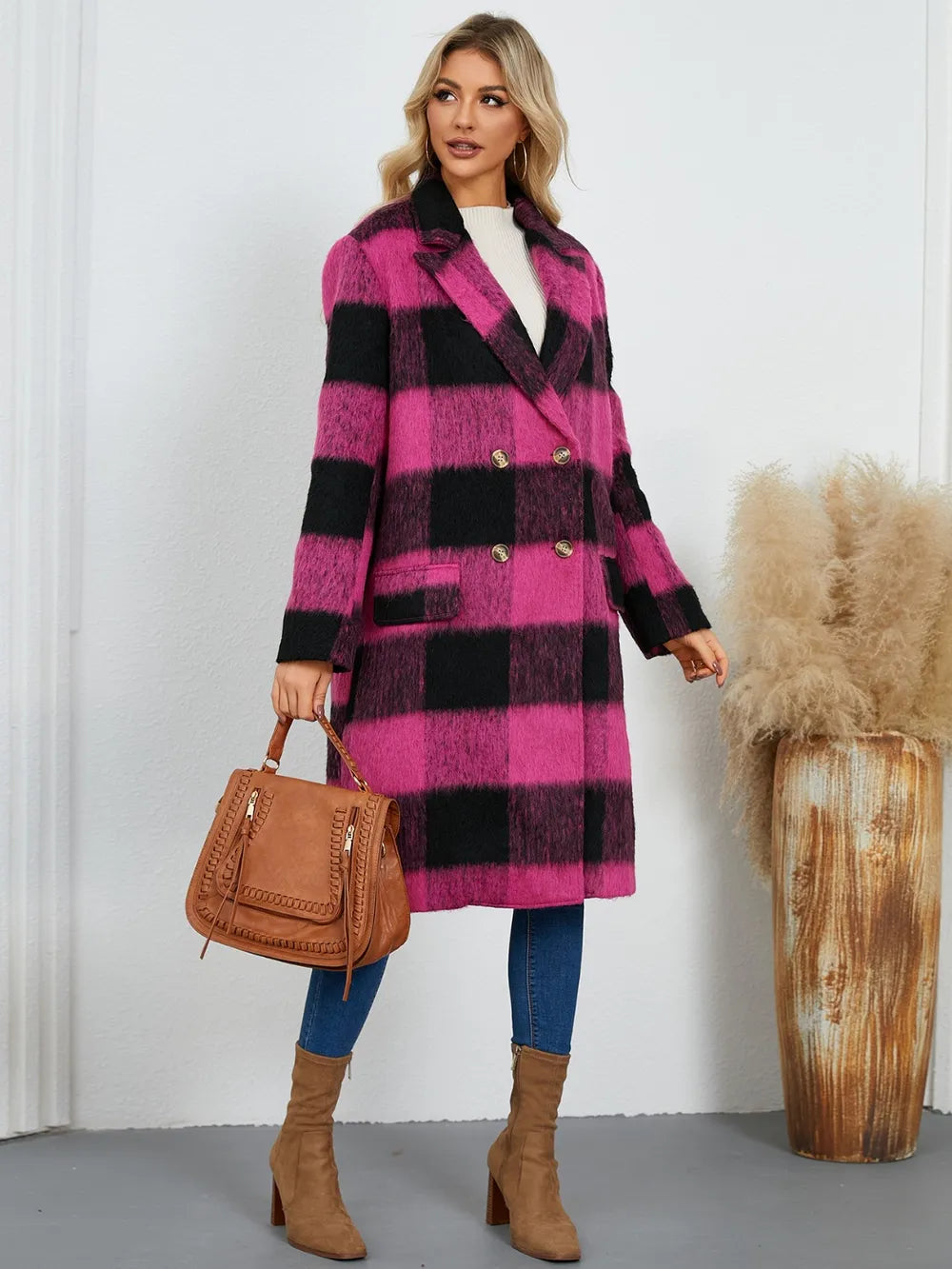 plaid double-breasted long sleeve coat – buttoned | dropsona - neutral - close-up detail