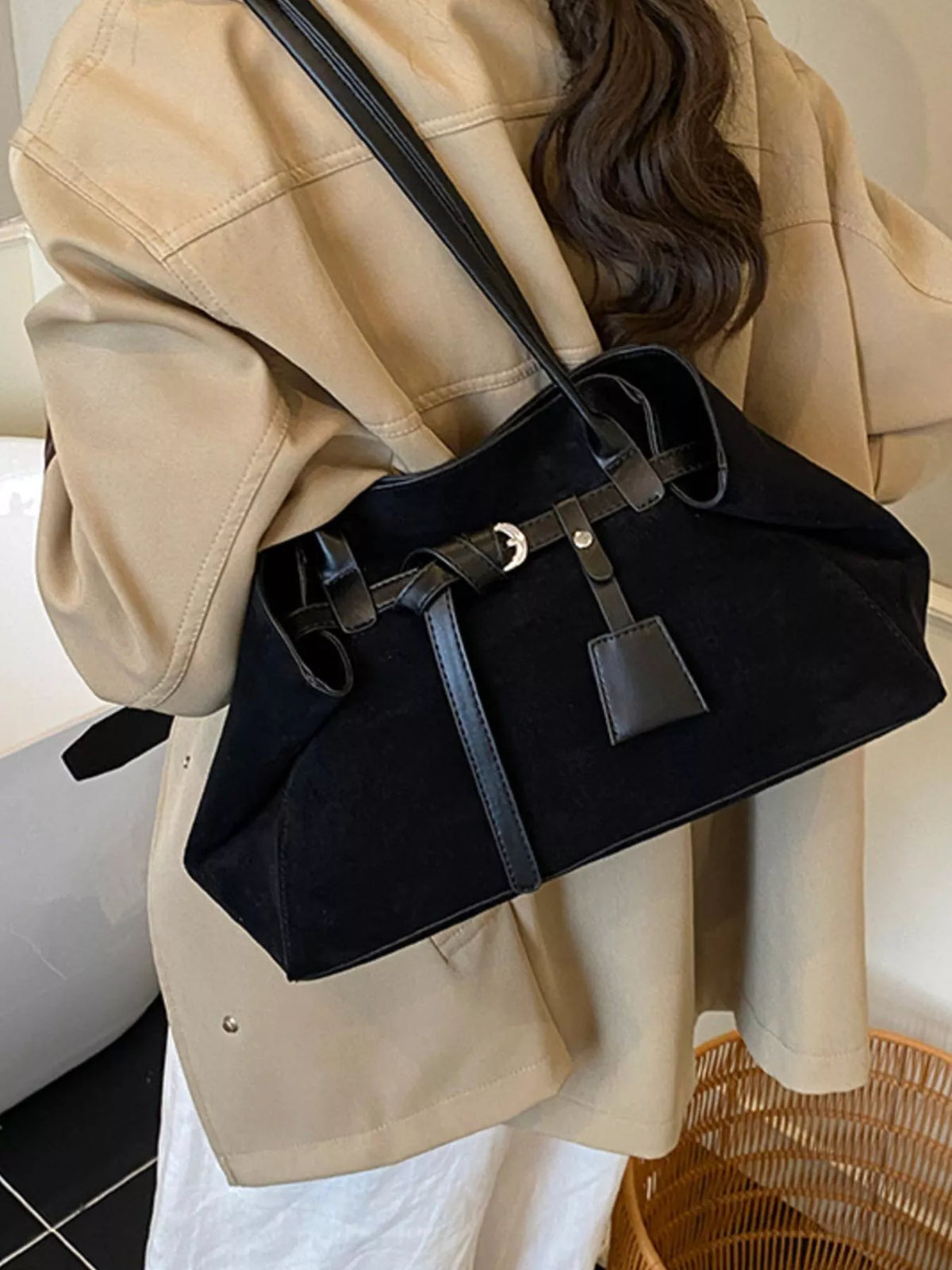suede decorative belt buckle shoulder bag | dropsona - neutral - close-up detail