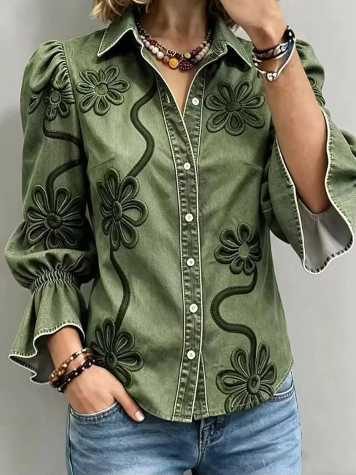 full size denim lock floral embroidered shirt plus | dropsona - neutral - size reference