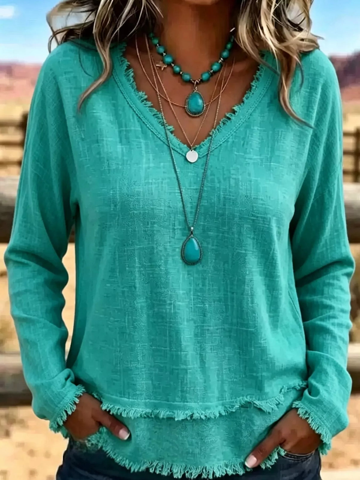 full size frayed hem v-neck blouse plus | dropsona - neutral - material texture