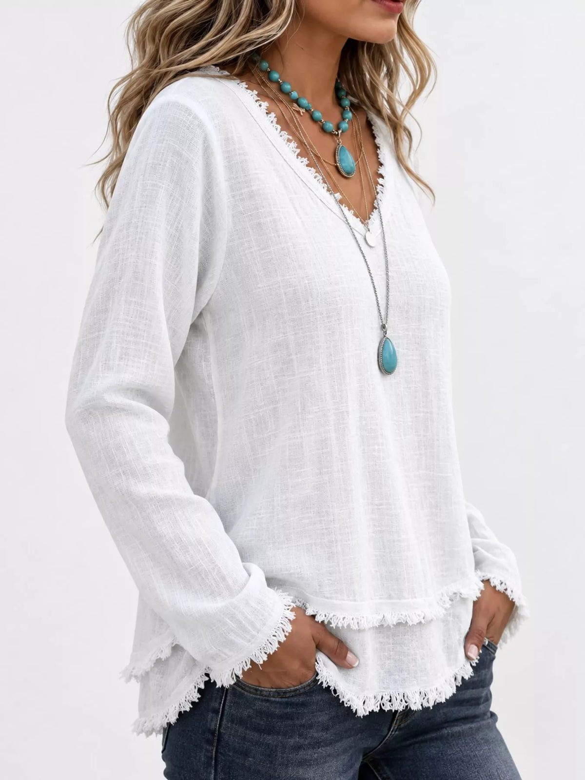 full size frayed hem v-neck blouse plus | dropsona - neutral - material texture