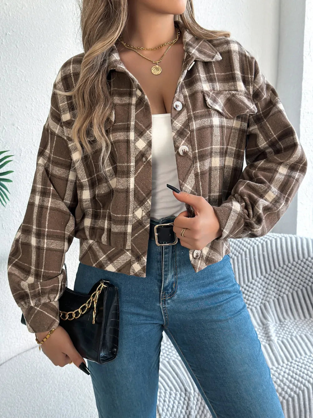 plaid button up long sleeve jacket – buttoned | dropsona - neutral - packaging