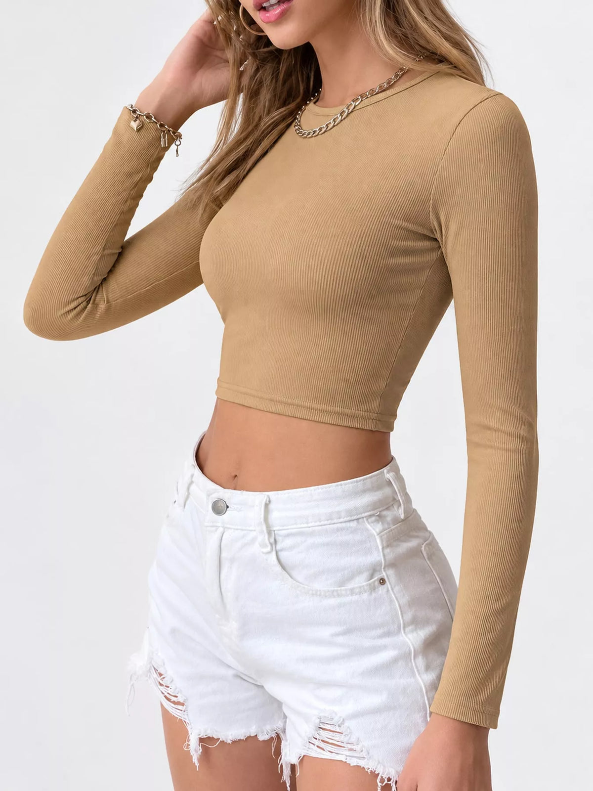 cutout back long sleeve crop t-shirt | dropsona - neutral - usage example