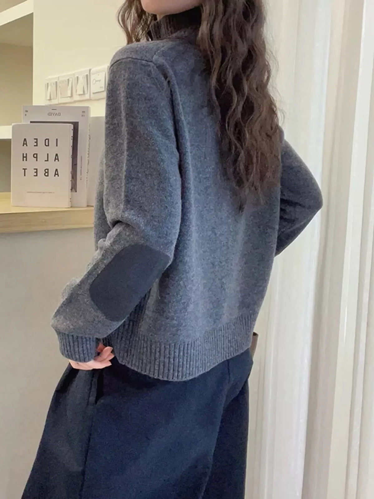 ribbed-knit mock neck cardigan – buttoned,pocketed fit | dropsona - neutral - front view