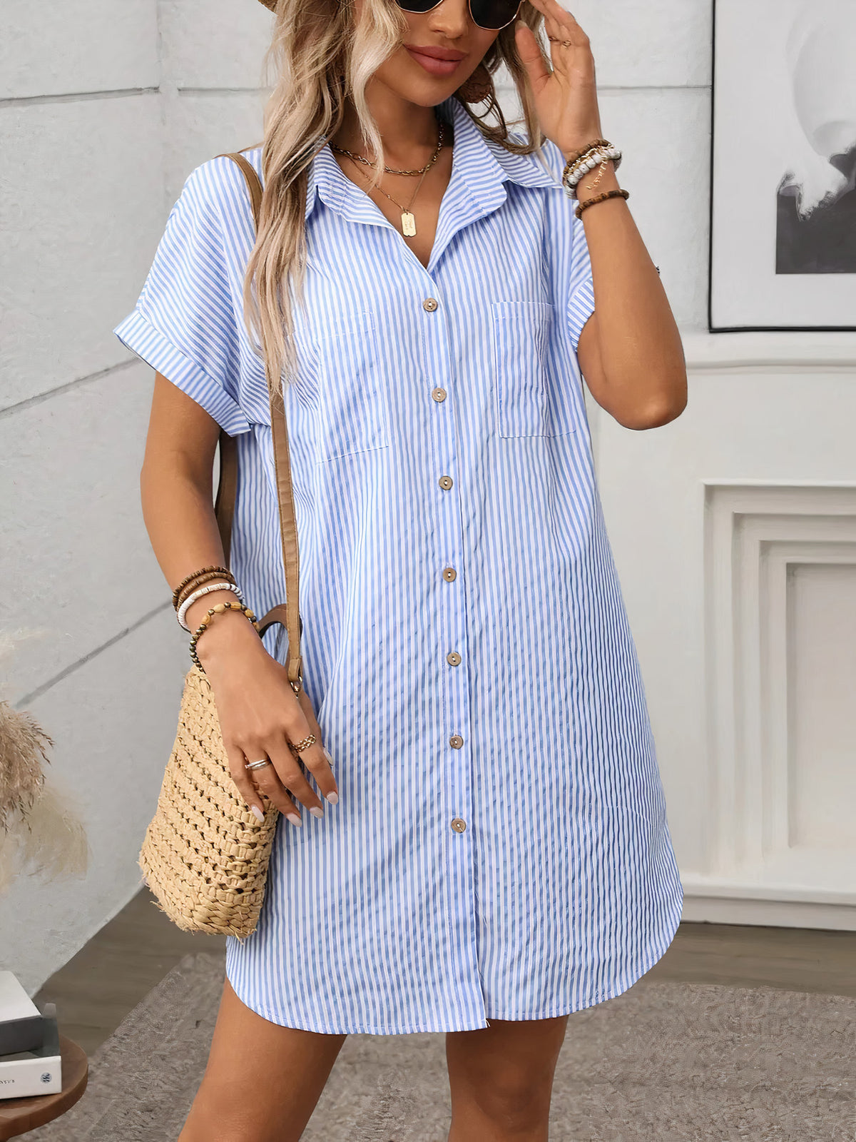 striped button down short sleeve mini dress - everyday wear