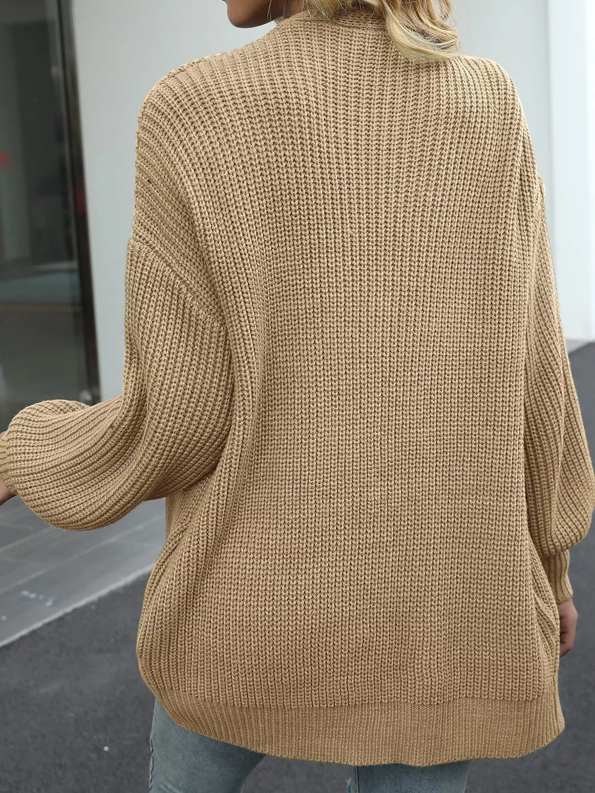 chunky knit open front cardigan with lantern sleeves | dropsona - neutral - front view