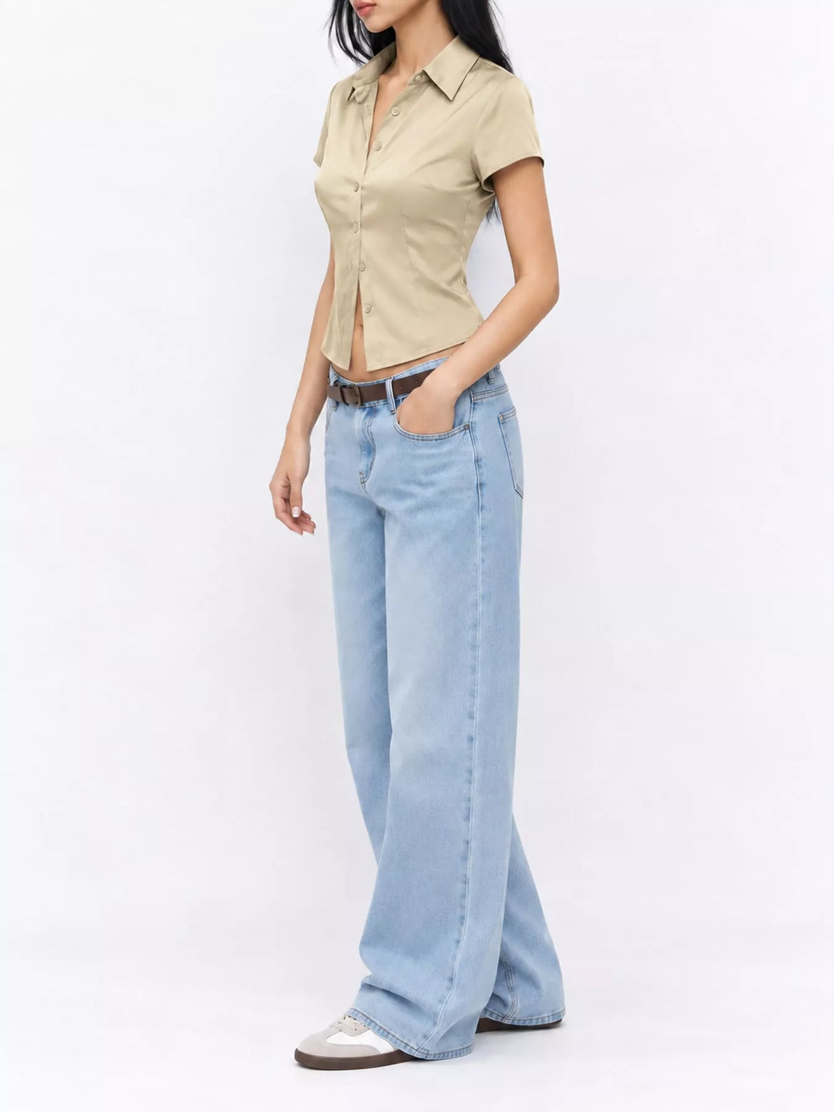 satin short sleeve button-down shirt | dropsona - neutral - usage example