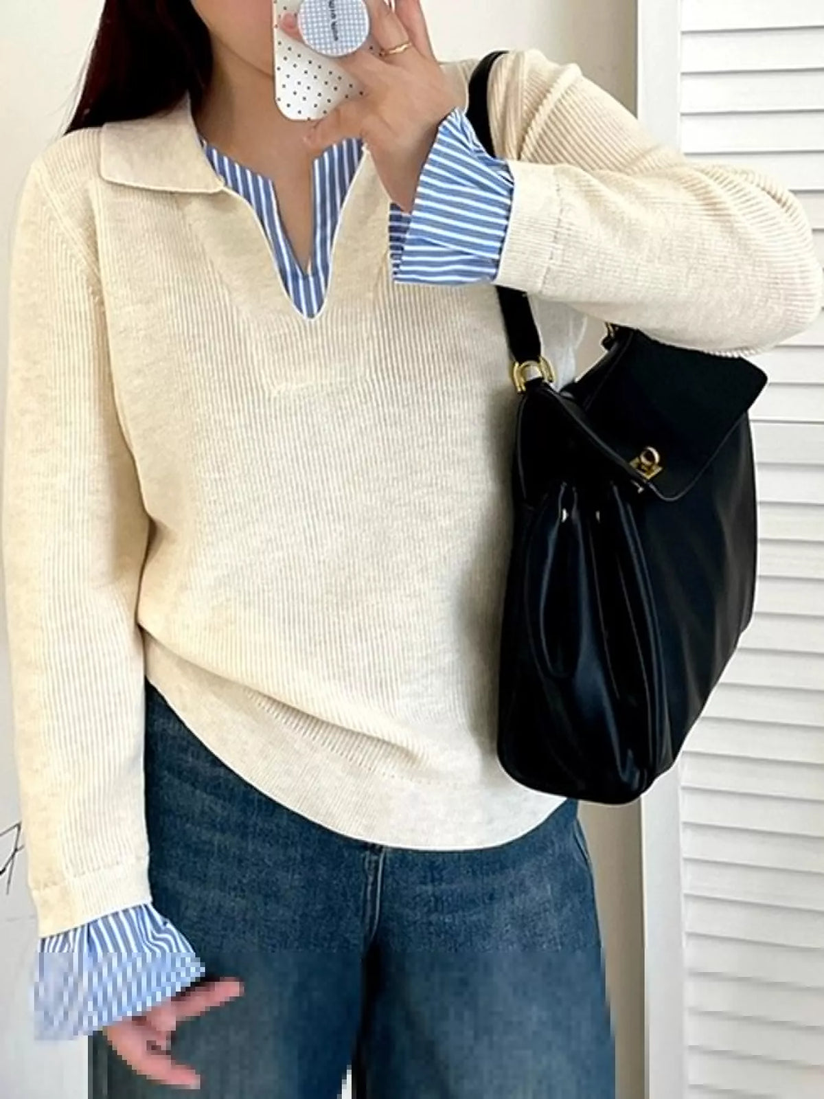 plus size layered look striped long sleeve sweater | dropsona - neutral - usage example